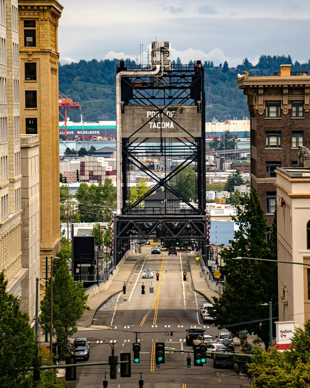 Downtown Tacoma, Washington, looking down a street toward the old lift-span bridge